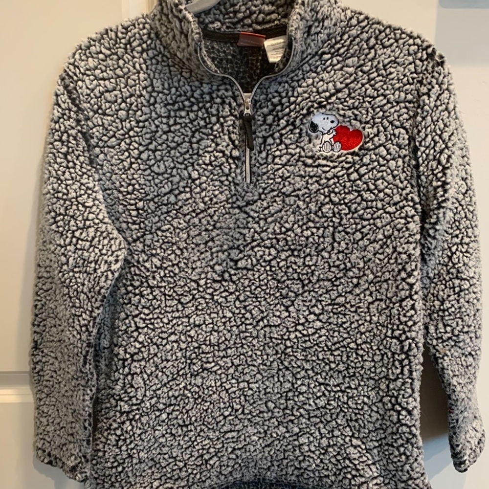 PEANUTS Snoopy Heart Women’s Sherpa Pullover 1/4 Zip Long Sleeve Sweater - Small